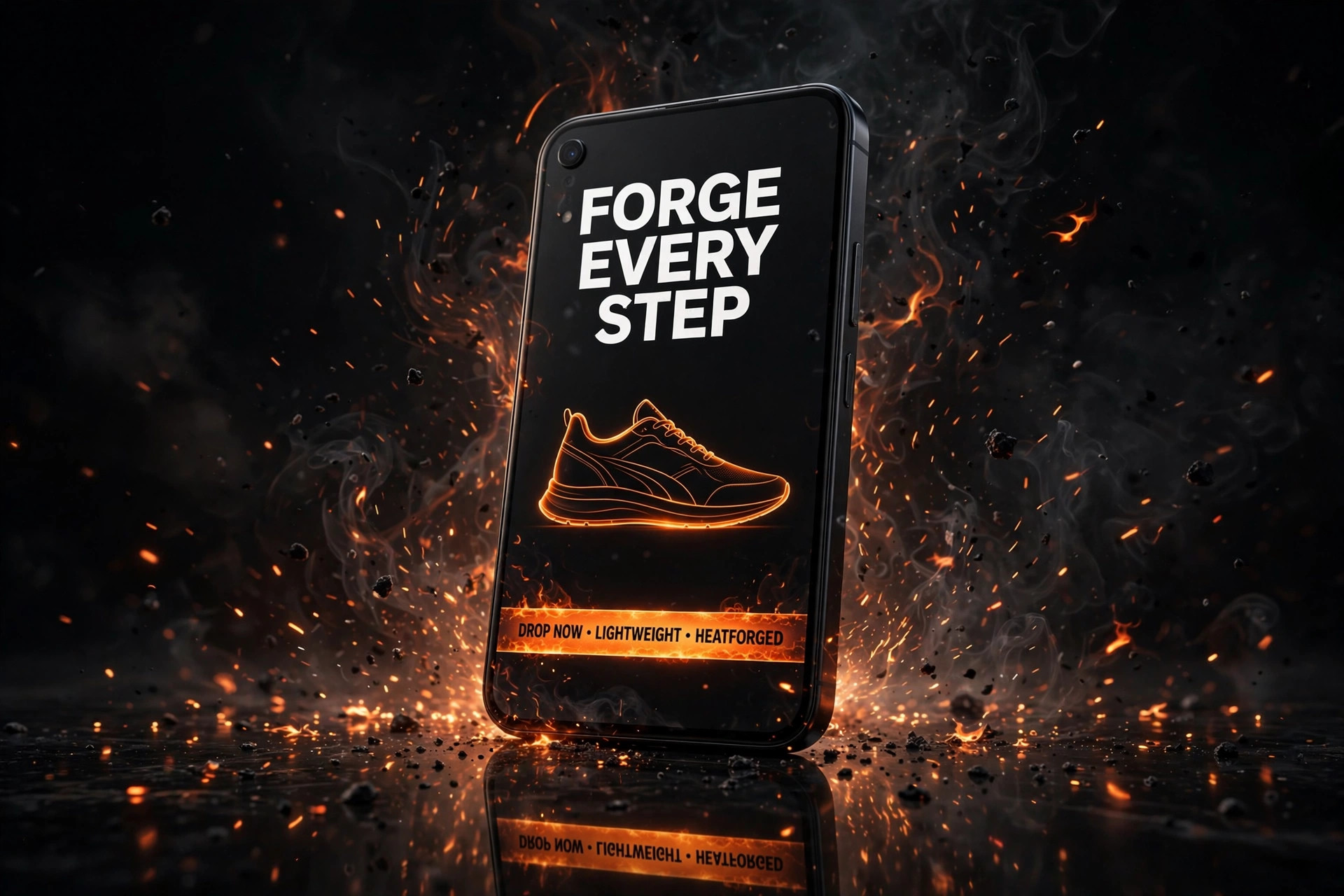 A phone showing an AdForge sneaker ad creative surrounded by molten sparks